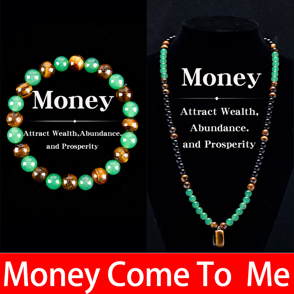 Arpurraina Feng Shui Money Attraction Necklace & Bracelet Set – Green Aventurine & Tiger Eye Pendant Healing Crystal Stone