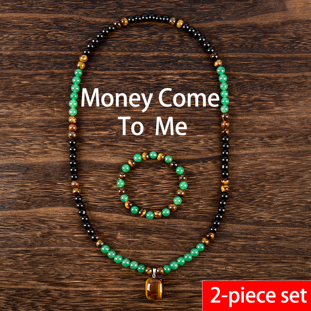 Arpurraina Feng Shui Money Attraction Necklace & Bracelet Set – Green Aventurine & Tiger Eye Pendant Healing Crystal Stone