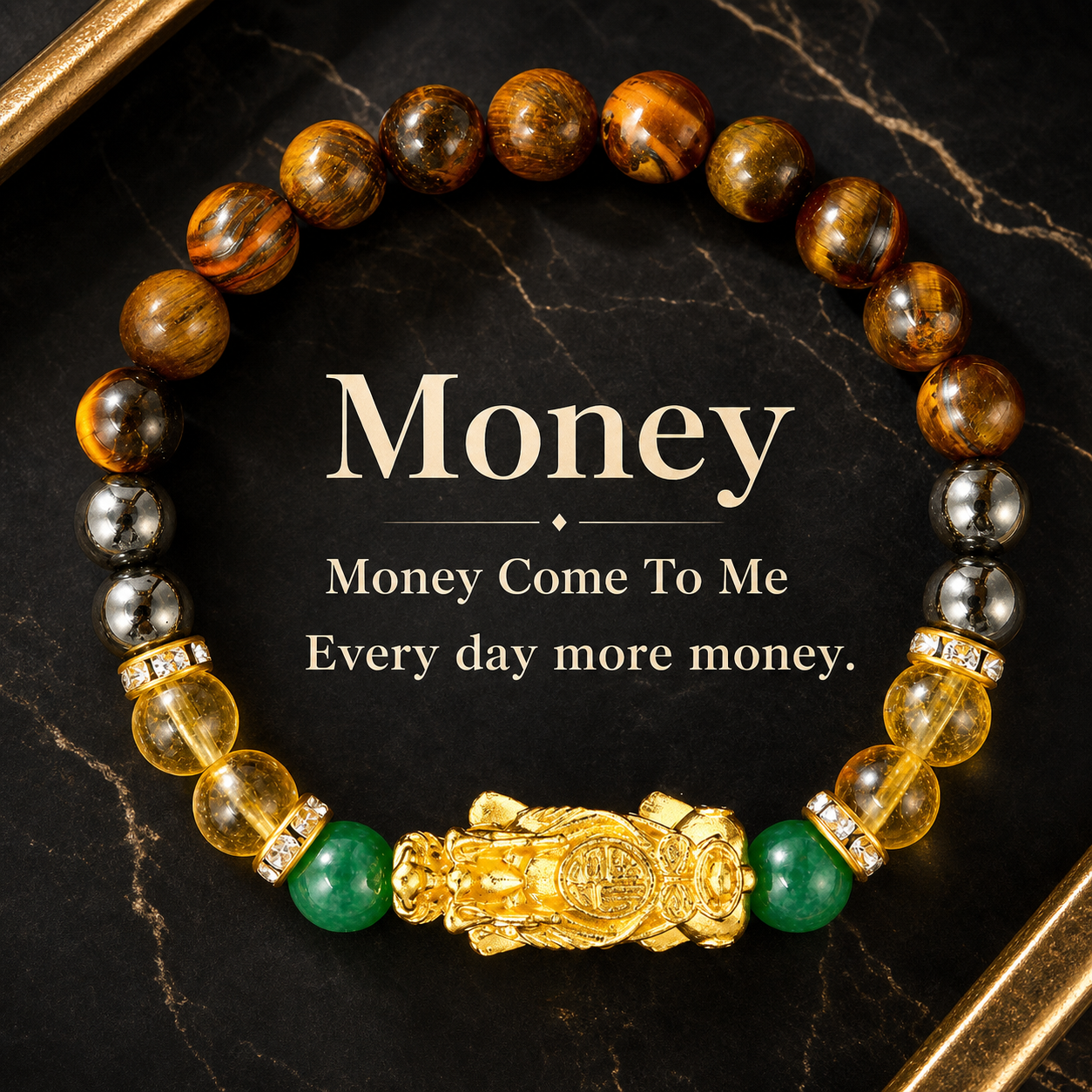 Arpurraina Money Attraction Crystal Bracelet, Feng Shui Pixiu Natural Stone Beaded Bracelet with Citrine, Green Aventurine, Black Obsidian & Tiger Eye for Good Luck Wealth Energy，Success & Protection,Pi Yao, Spiritual Jewelry