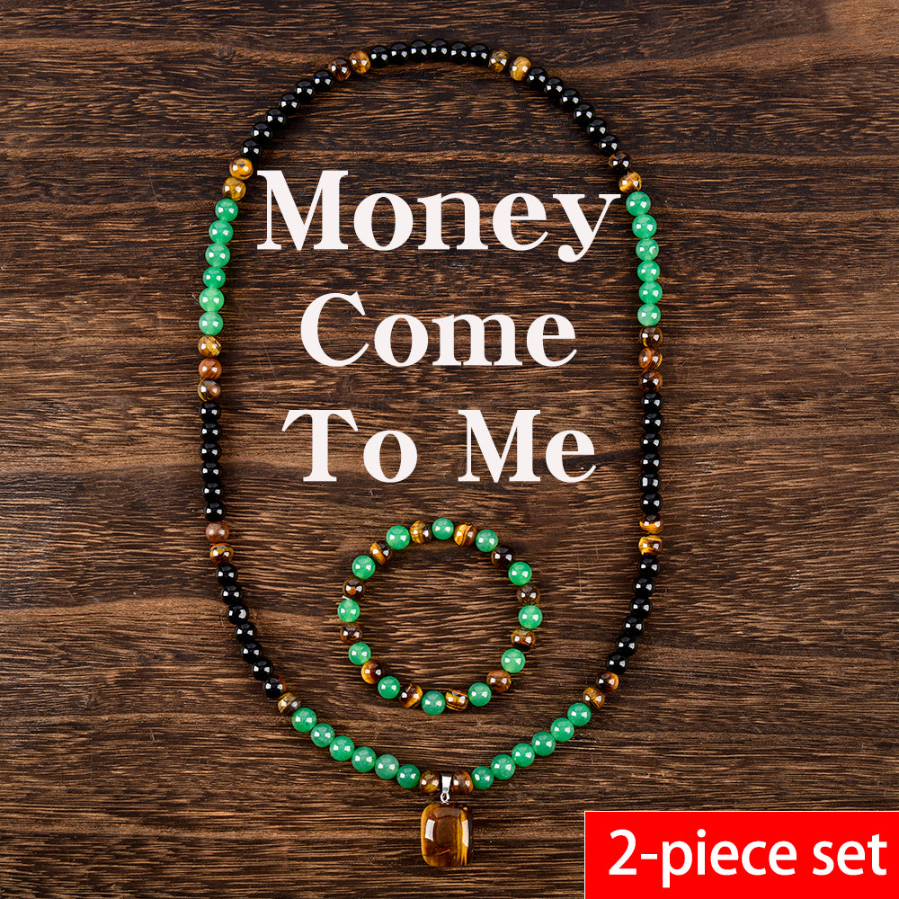 Arpurraina Feng Shui Money Attraction Necklace & Bracelet Set – Green Aventurine & Tiger Eye Pendant Healing Crystal Stone