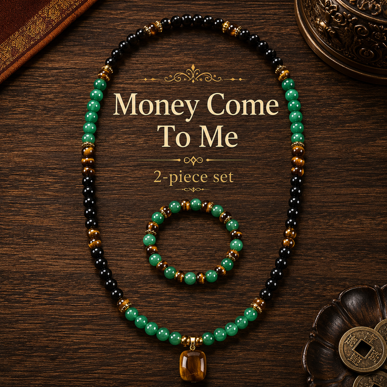 Arpurraina Feng Shui Money Attraction Necklace & Bracelet Set – Green Aventurine & Tiger Eye Pendant Healing Crystal Stone