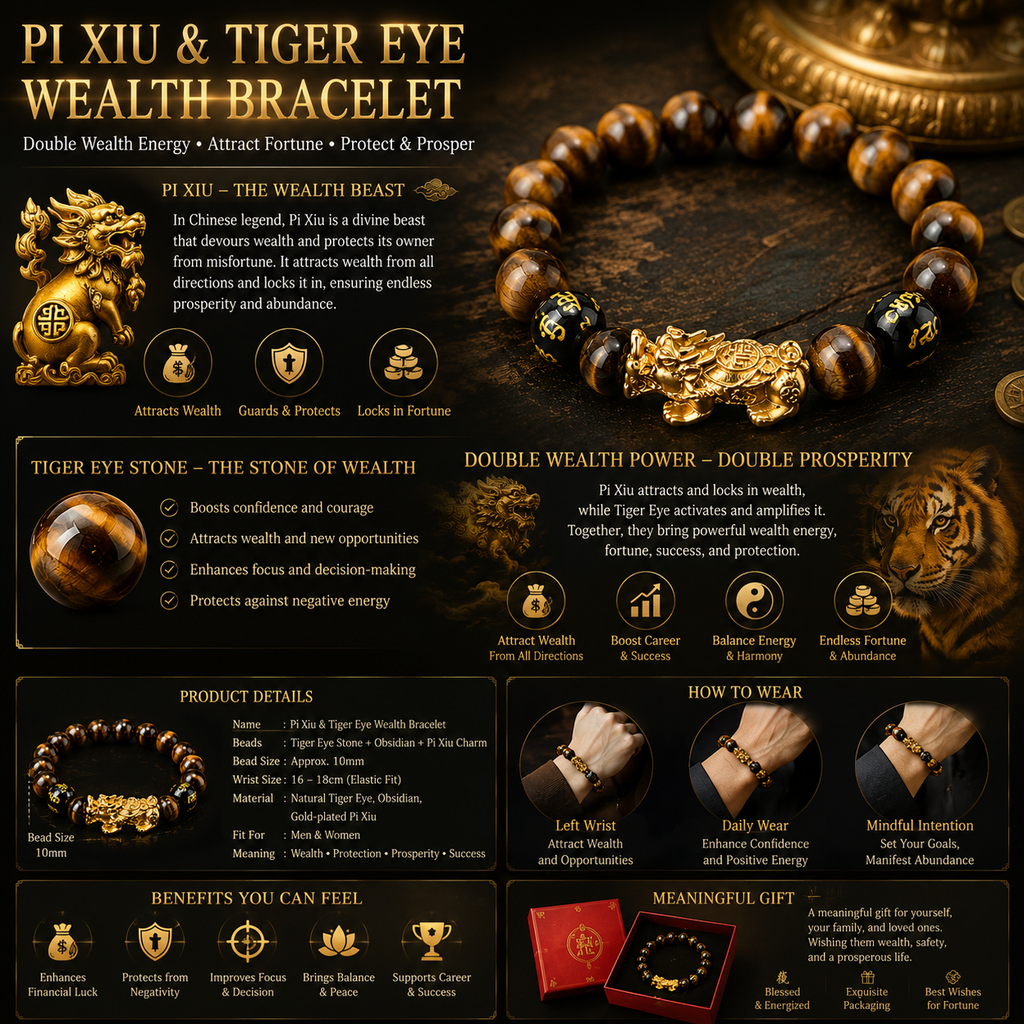 Arpurraina Feng Shui Pixiu Tiger Eye Bracelet for Wealth and Prosperity, Money Attraction Charm Bracelet, Lucky Feng Shui Protection Bracelet, men Crystal Healing Beaded Bracelet for Abundance, Success, Good Fortune and Wealth boho chic style   3056