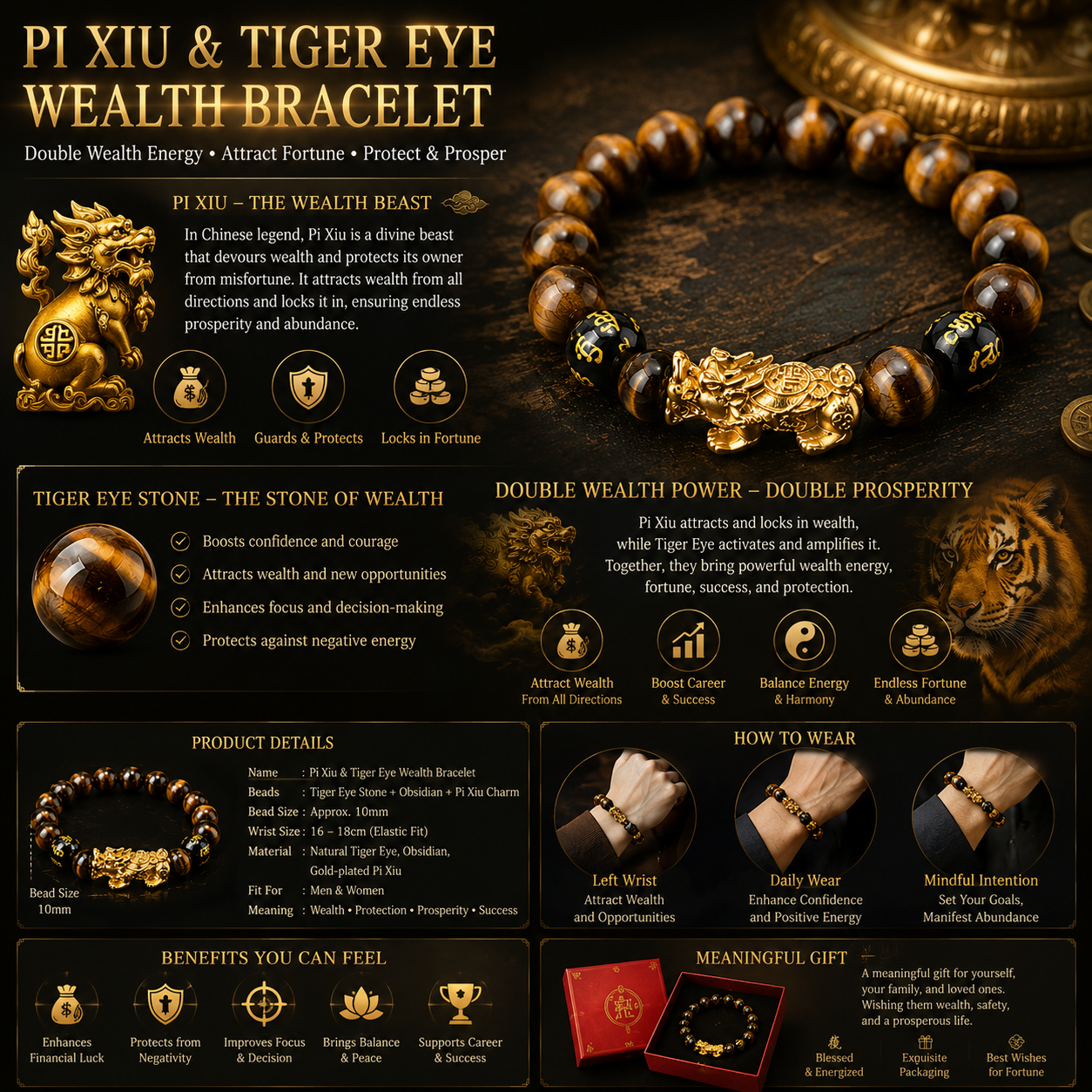Arpurraina Feng Shui Pixiu Tiger Eye Bracelet for Wealth and Prosperity, Money Attraction Charm Bracelet, Lucky Feng Shui Protection Bracelet, men Crystal Healing Beaded Bracelet for Abundance, Success, Good Fortune and Wealth boho chic style   3056