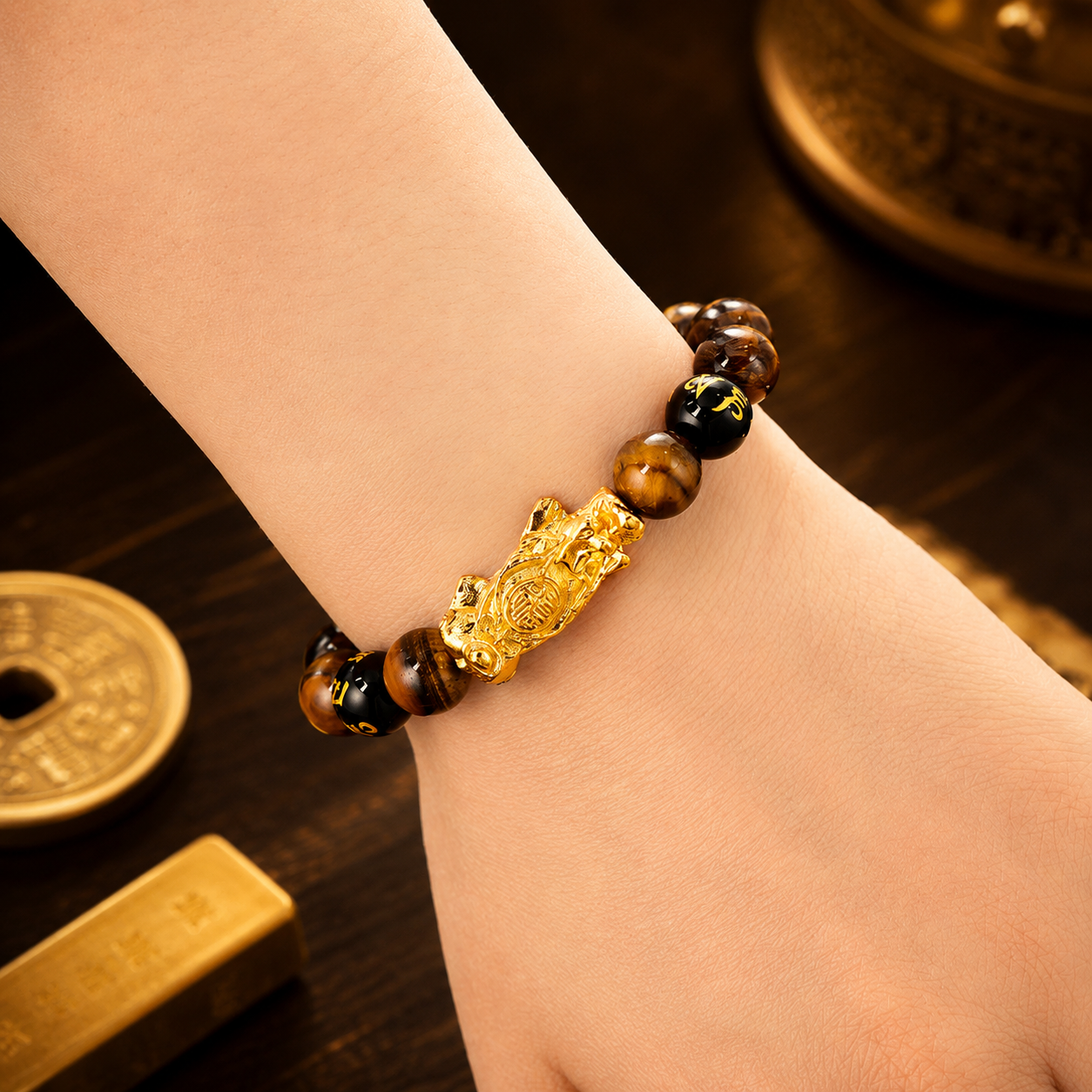 Arpurraina Feng Shui Pixiu Tiger Eye Bracelet for Wealth and Prosperity, Money Attraction Charm Bracelet, Lucky Feng Shui Protection Bracelet, men Crystal Healing Beaded Bracelet for Abundance, Success, Good Fortune and Wealth boho chic style   3056