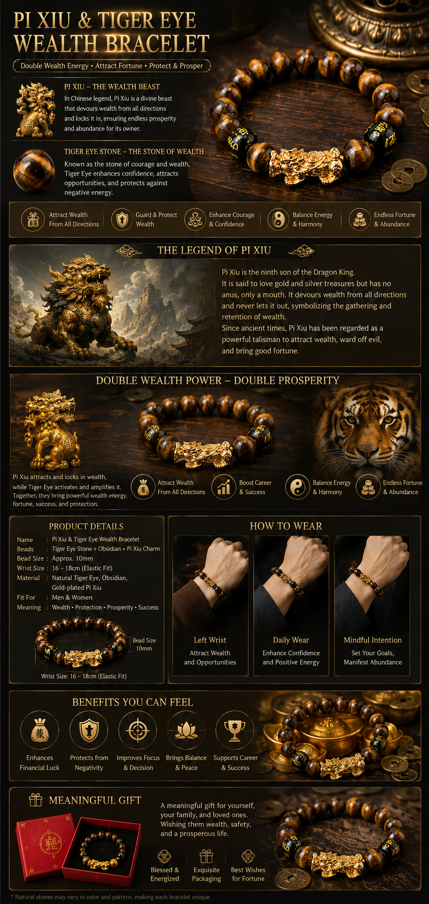 Arpurraina Feng Shui Pixiu Tiger Eye Bracelet for Wealth and Prosperity, Money Attraction Charm Bracelet, Lucky Feng Shui Protection Bracelet, men Crystal Healing Beaded Bracelet for Abundance, Success, Good Fortune and Wealth boho chic style   3056