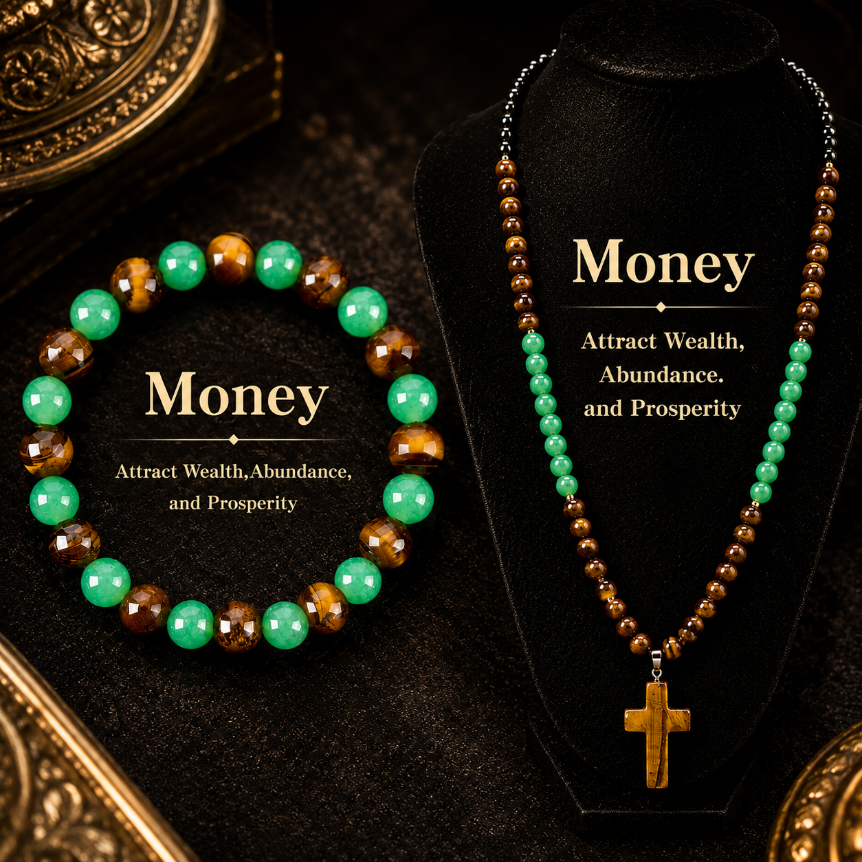 Arpurraina 2-Piece Beaded Set - Tiger Eye & Green Aventurine Cross Pendant Necklace, Feng Shui Money Bracelet for Wealth, Good Luck, Crystal Healing