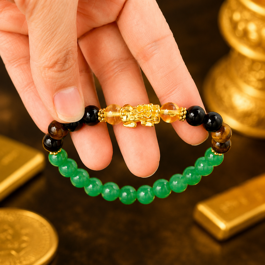 ARPURRAINA Feng Shui Pixiu Bracelet with Citrine, Green Aventurine & Tiger Eye, 8mm Crystal Beads for Men & Women - Spiritual Jewelry for Wealth & Manifestation