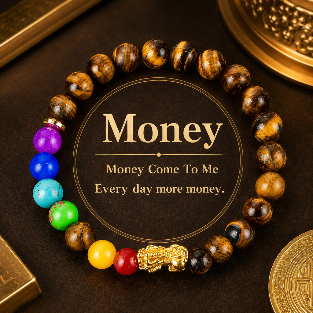 Arpurraina Feng Shui Money Attraction Bracelet, Pixiu Tiger Eye & 7 Chakra Crystal Bracelet, Wealth Manifestation Lucky Charm