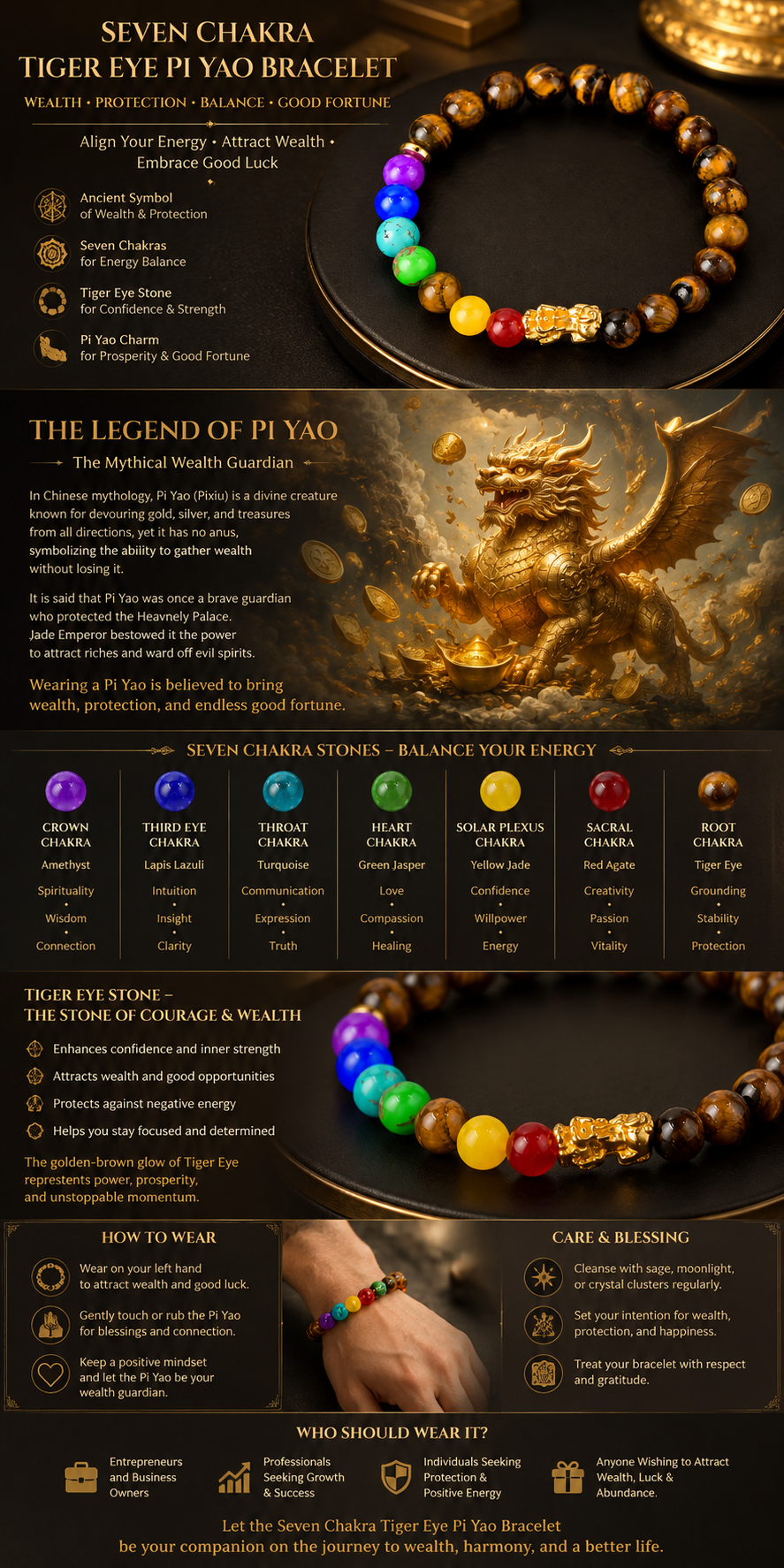 Arpurraina Feng Shui Money Attraction Bracelet, Pixiu Tiger Eye & 7 Chakra Crystal Bracelet, Wealth Manifestation Lucky Charm