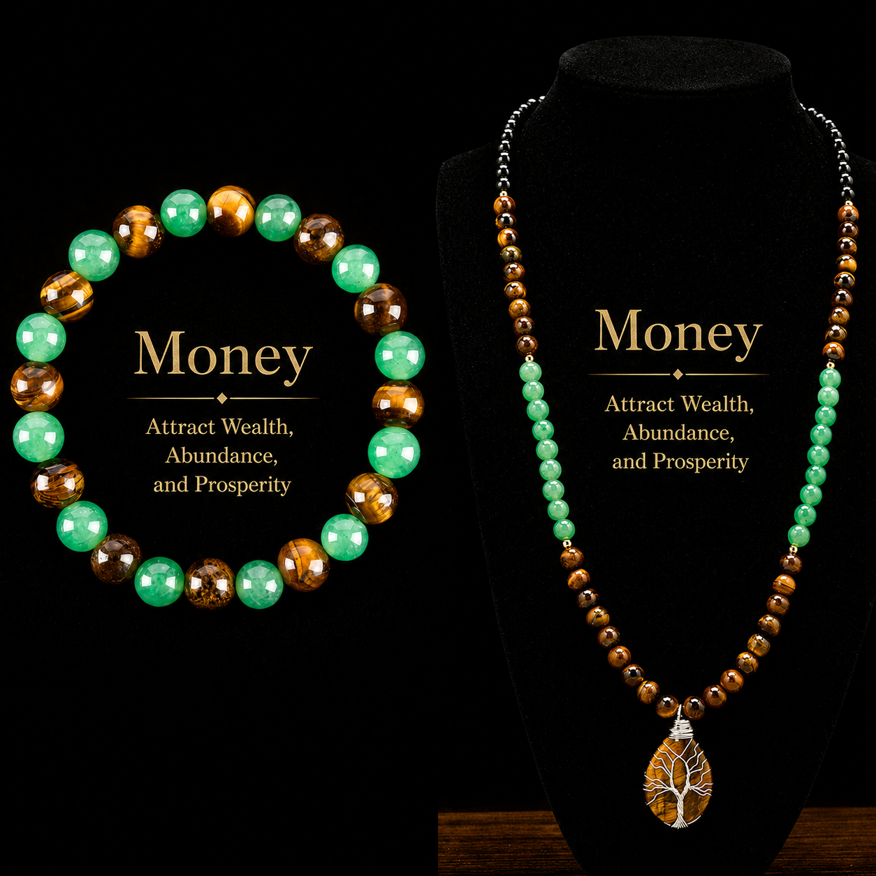 Arpurraina Feng Shui Money Attraction Necklace & Bracelet Set – Green Aventurine & Tiger Eye Pendant Healing Crystal Stone