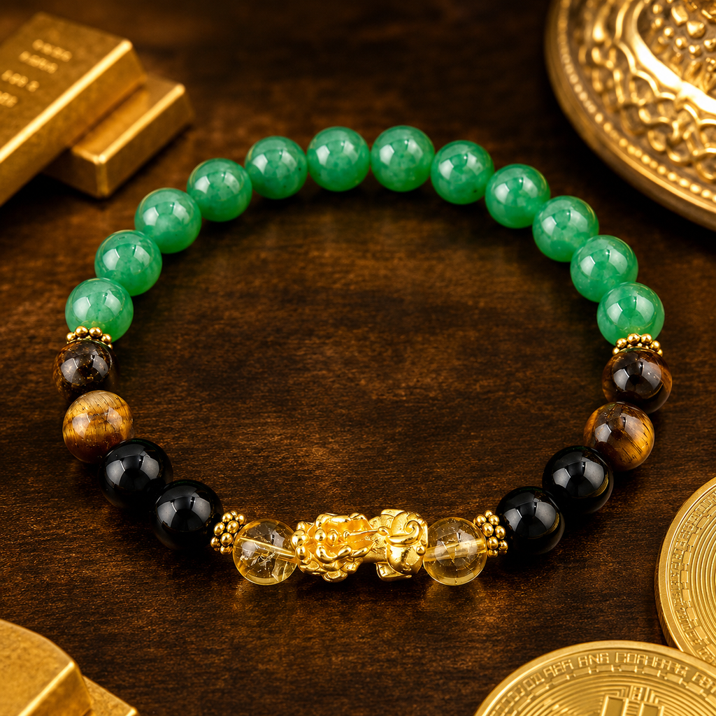 ARPURRAINA Feng Shui Pixiu Bracelet with Citrine, Green Aventurine & Tiger Eye, 8mm Crystal Beads for Men & Women - Spiritual Jewelry for Wealth & Manifestation