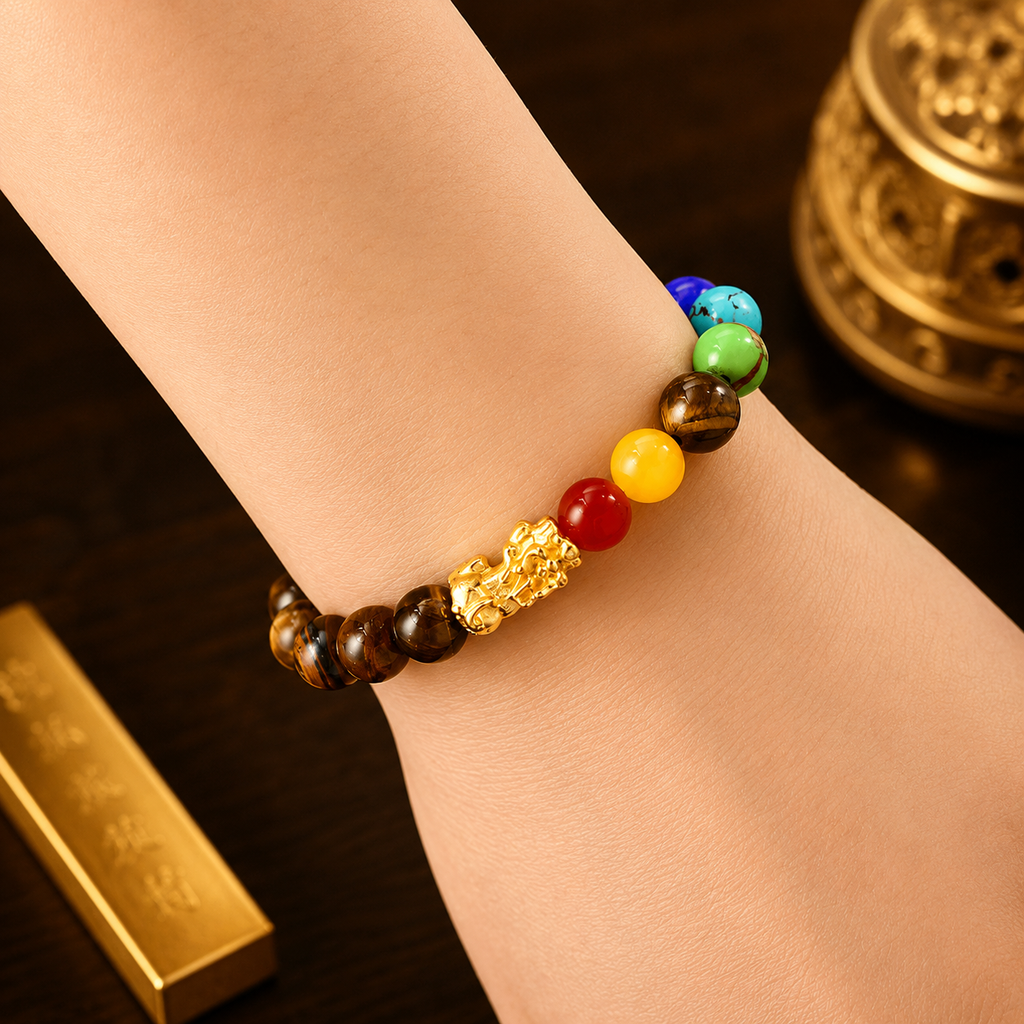 Arpurraina Feng Shui Money Attraction Bracelet, Pixiu Tiger Eye & 7 Chakra Crystal Bracelet, Wealth Manifestation Lucky Charm
