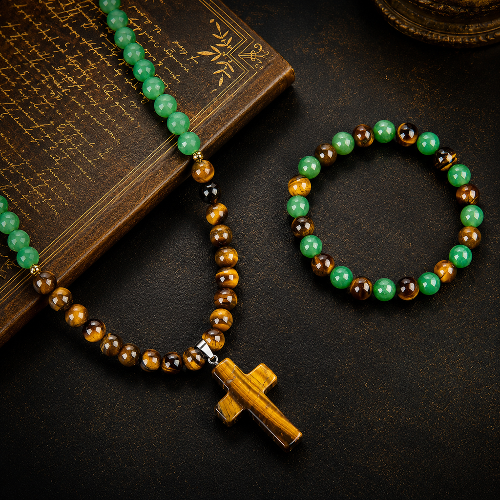 Arpurraina 2-Piece Beaded Set - Tiger Eye & Green Aventurine Cross Pendant Necklace, Feng Shui Money Bracelet for Wealth, Good Luck, Crystal Healing