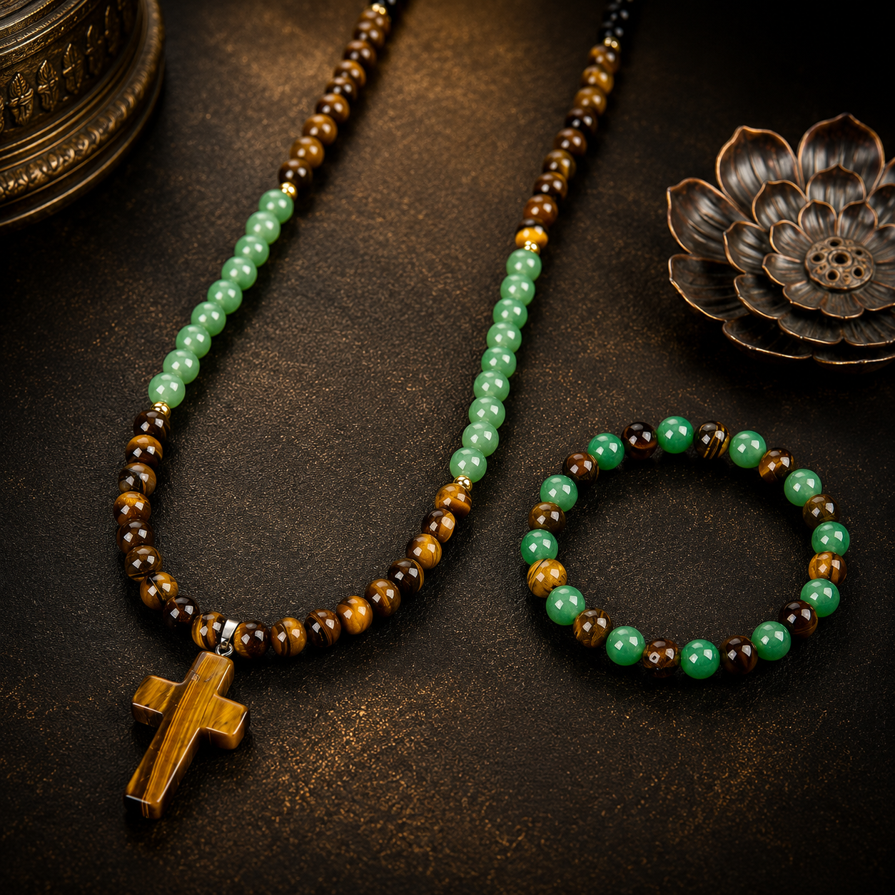 Arpurraina 2-Piece Beaded Set - Tiger Eye & Green Aventurine Cross Pendant Necklace, Feng Shui Money Bracelet for Wealth, Good Luck, Crystal Healing