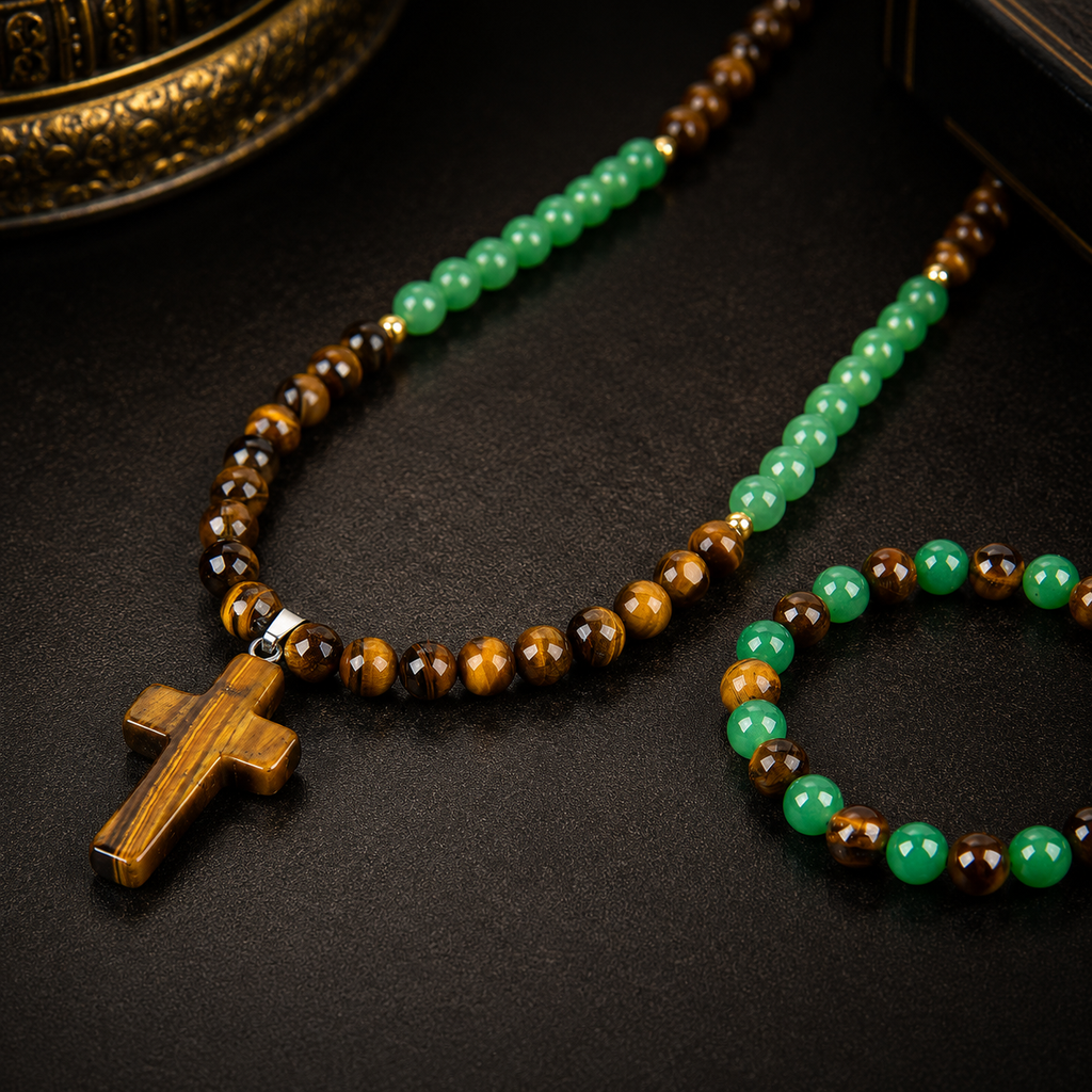 Arpurraina 2-Piece Beaded Set - Tiger Eye & Green Aventurine Cross Pendant Necklace, Feng Shui Money Bracelet for Wealth, Good Luck, Crystal Healing