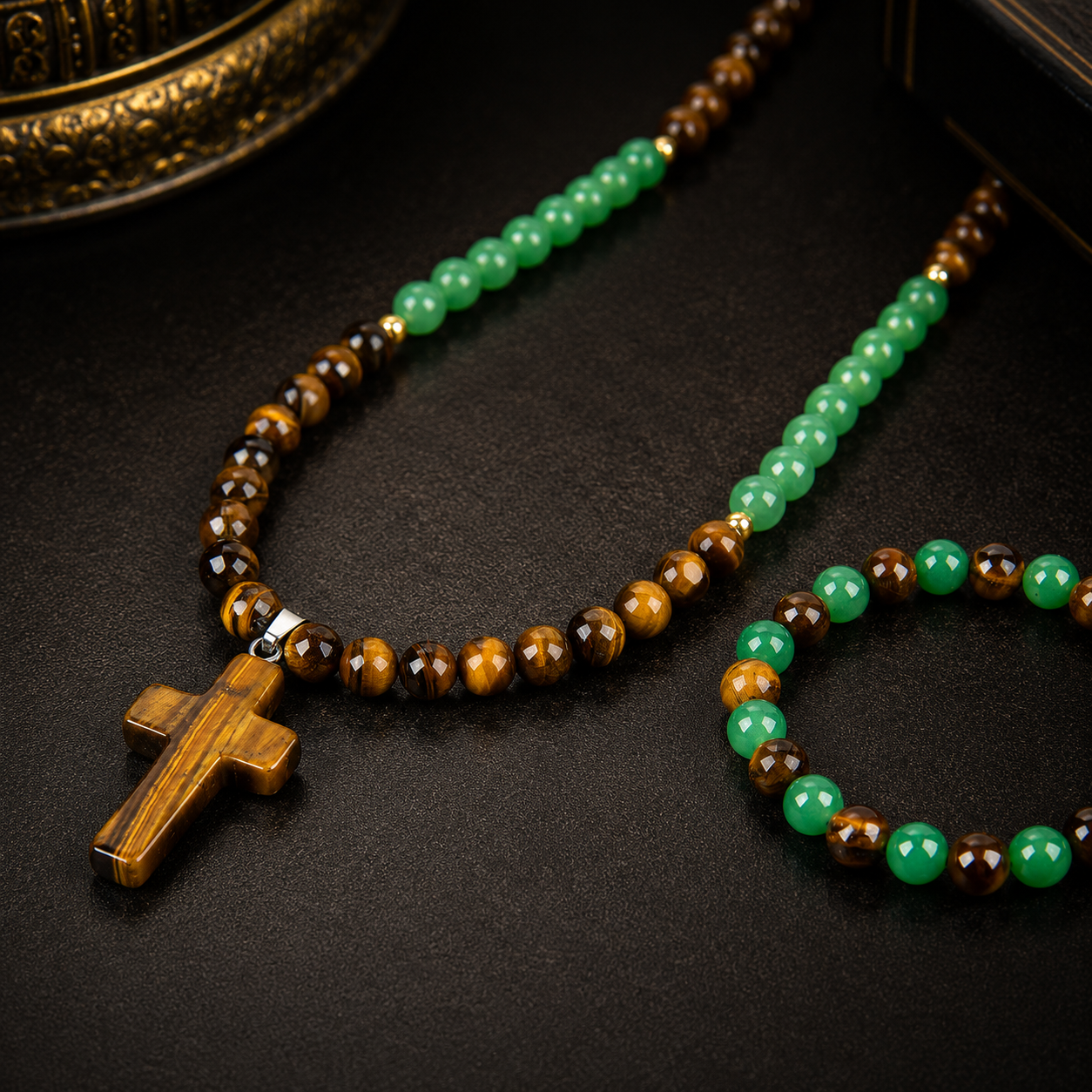 Arpurraina 2-Piece Beaded Set - Tiger Eye & Green Aventurine Cross Pendant Necklace, Feng Shui Money Bracelet for Wealth, Good Luck, Crystal Healing