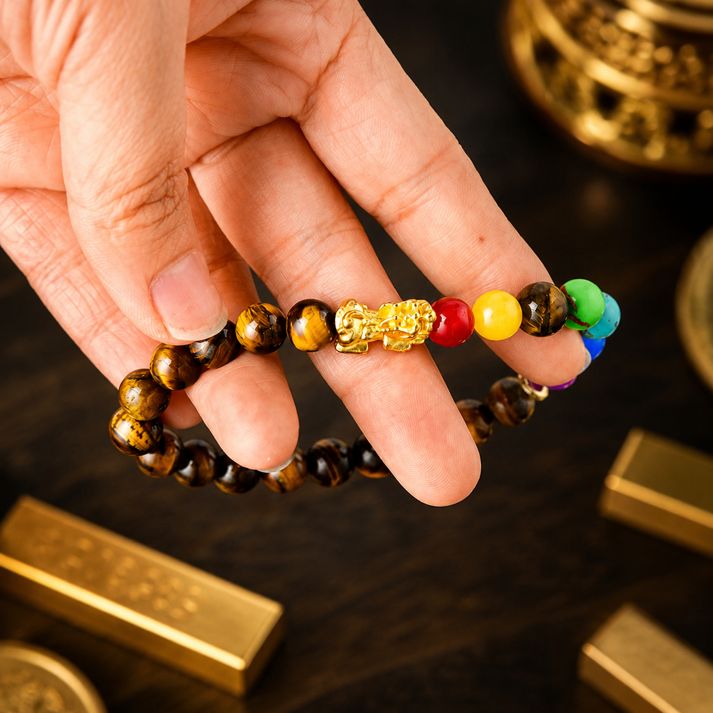 Arpurraina Feng Shui Money Attraction Bracelet, Pixiu Tiger Eye & 7 Chakra Crystal Bracelet, Wealth Manifestation Lucky Charm