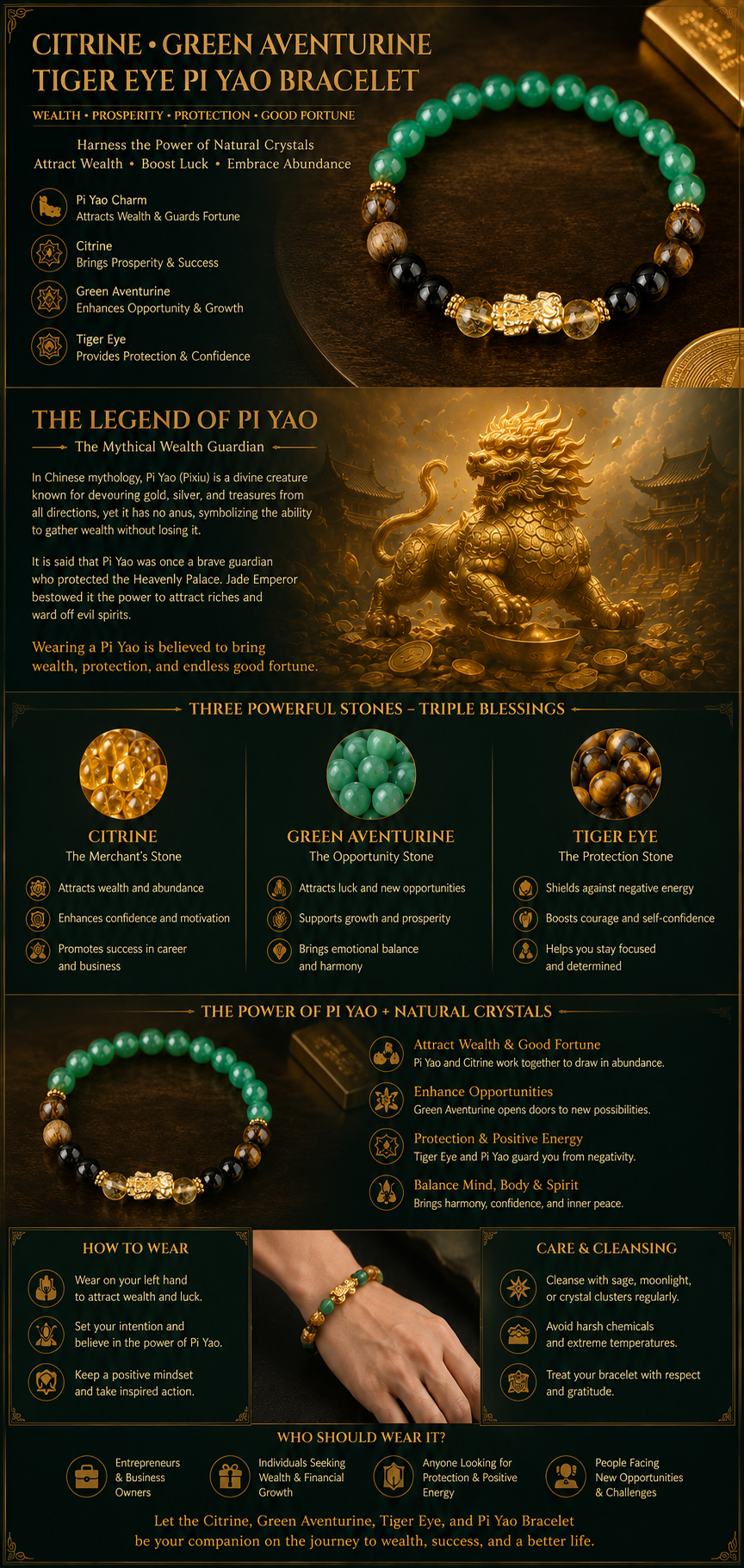 ARPURRAINA Feng Shui Pixiu Bracelet with Citrine, Green Aventurine & Tiger Eye, 8mm Crystal Beads for Men & Women - Spiritual Jewelry for Wealth & Manifestation