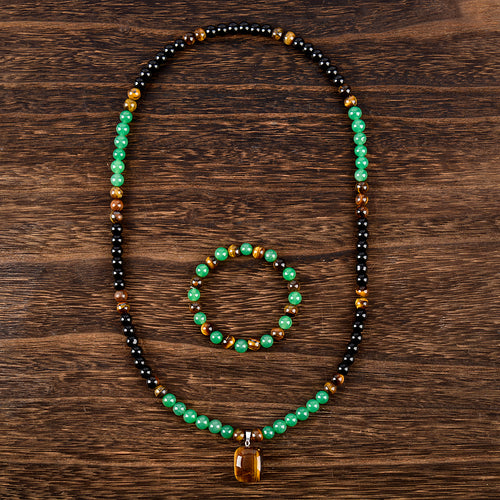 Arpurraina Feng Shui Money Attraction Necklace & Bracelet Set – Green Aventurine & Tiger Eye Pendant Healing Crystal Stone