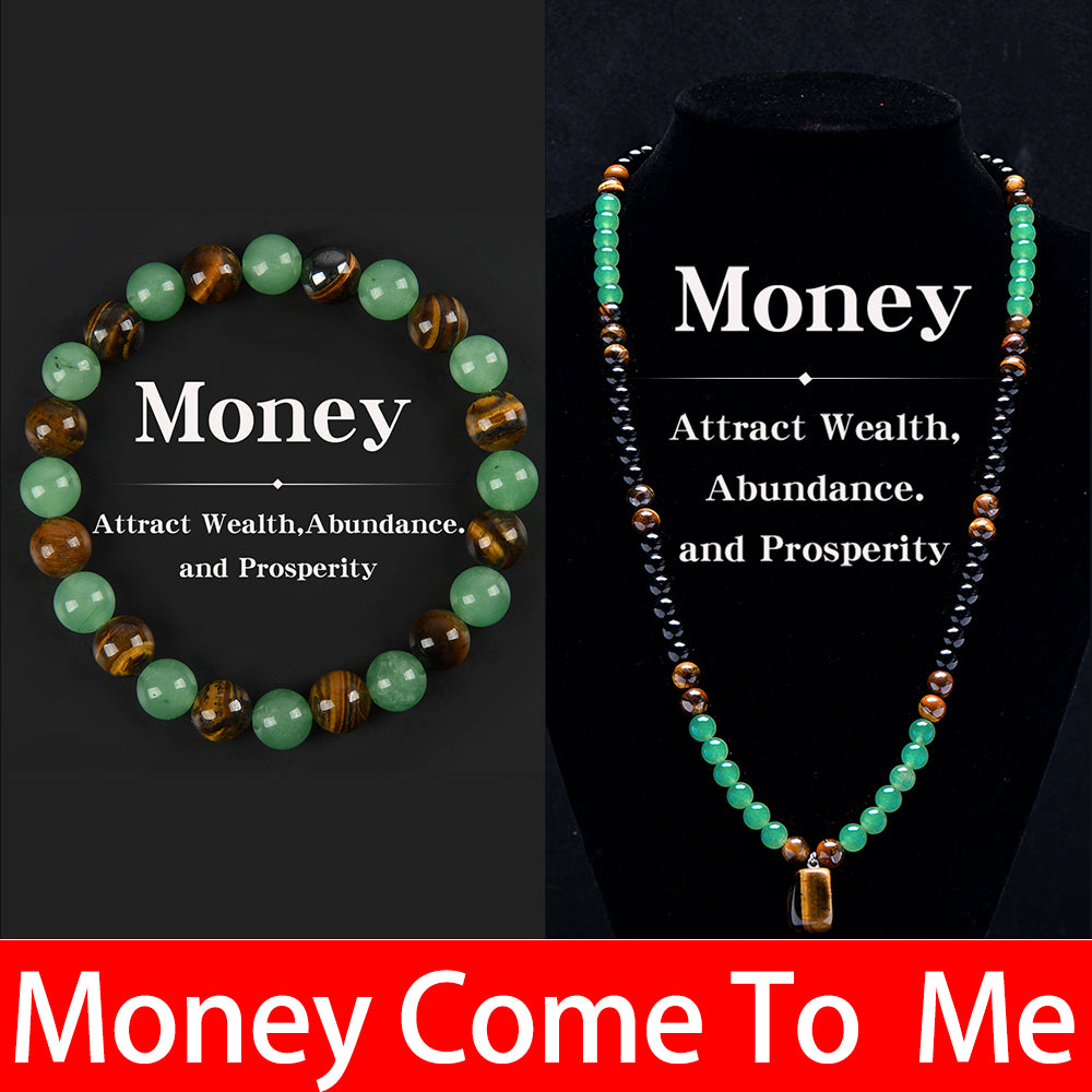 Arpurraina Feng Shui Money Attraction Necklace & Bracelet Set – Green Aventurine & Tiger Eye Pendant Healing Crystal Stone