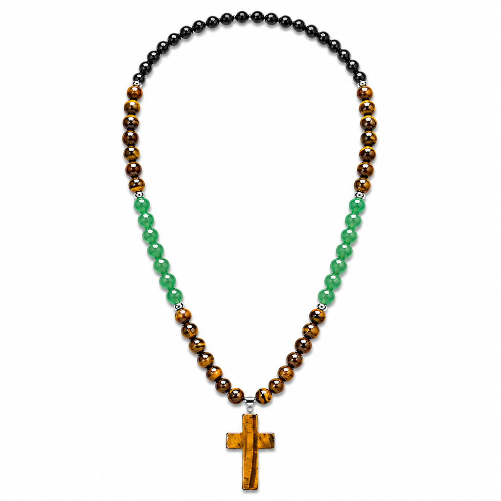 Arpurraina 2-Piece Beaded Set - Tiger Eye & Green Aventurine Cross Pendant Necklace, Feng Shui Money Bracelet for Wealth, Good Luck, Crystal Healing