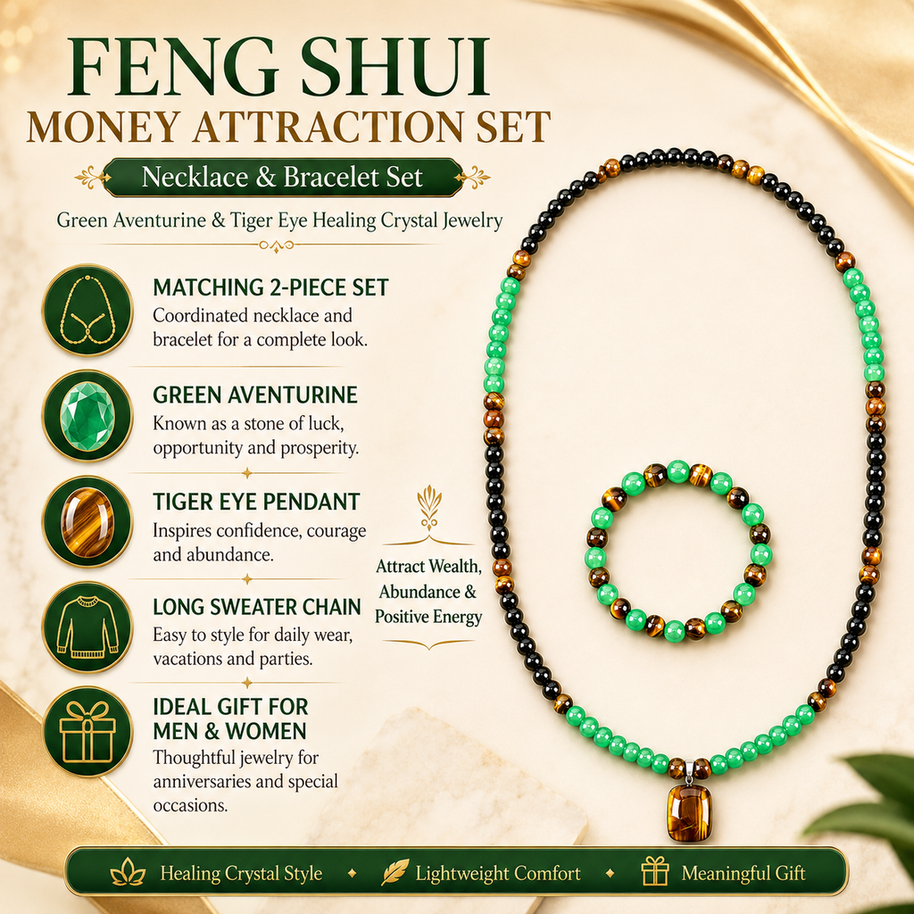 Arpurraina Feng Shui Money Attraction Necklace & Bracelet Set – Green Aventurine & Tiger Eye Pendant Healing Crystal Stone