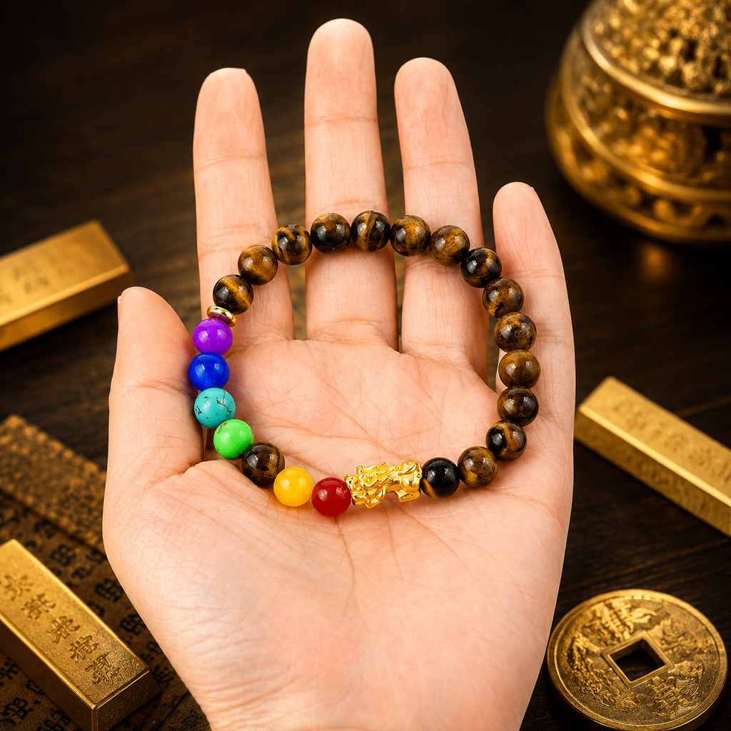 Arpurraina Feng Shui Money Attraction Bracelet, Pixiu Tiger Eye & 7 Chakra Crystal Bracelet, Wealth Manifestation Lucky Charm