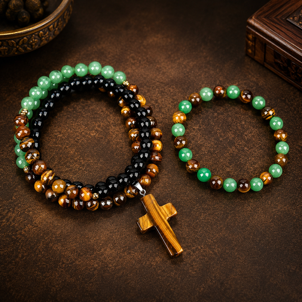 Arpurraina 2-Piece Beaded Set - Tiger Eye & Green Aventurine Cross Pendant Necklace, Feng Shui Money Bracelet for Wealth, Good Luck, Crystal Healing