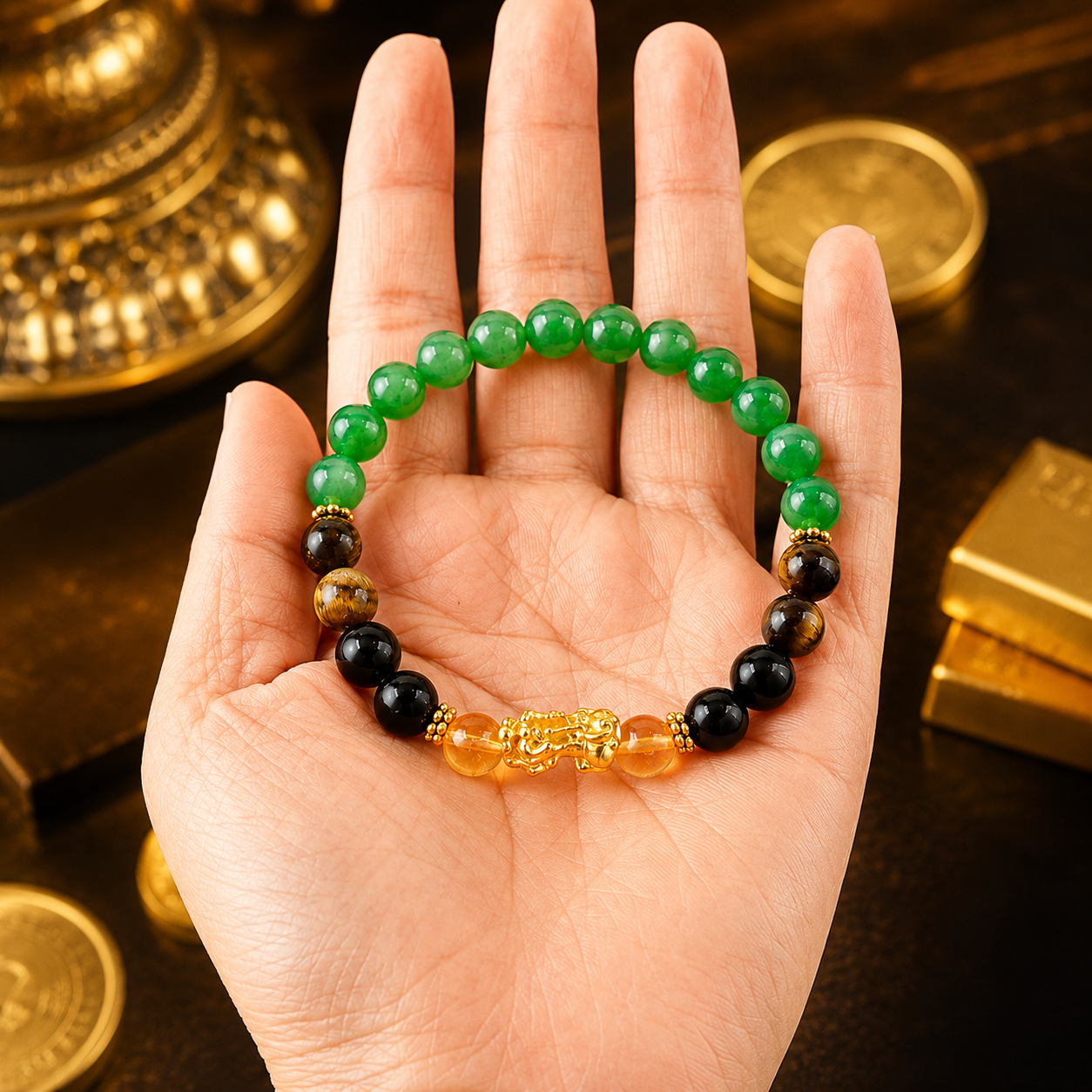 ARPURRAINA Feng Shui Pixiu Bracelet with Citrine, Green Aventurine & Tiger Eye, 8mm Crystal Beads for Men & Women - Spiritual Jewelry for Wealth & Manifestation