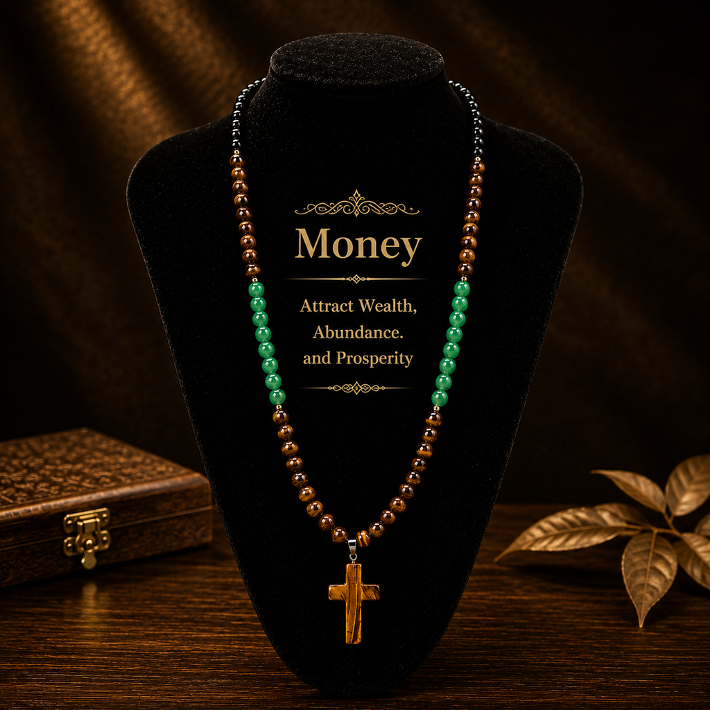 Arpurraina 2-Piece Beaded Set - Tiger Eye & Green Aventurine Cross Pendant Necklace, Feng Shui Money Bracelet for Wealth, Good Luck, Crystal Healing