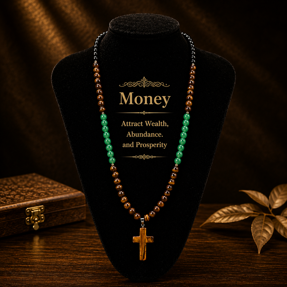 Arpurraina 2-Piece Beaded Set - Tiger Eye & Green Aventurine Cross Pendant Necklace, Feng Shui Money Bracelet for Wealth, Good Luck, Crystal Healing