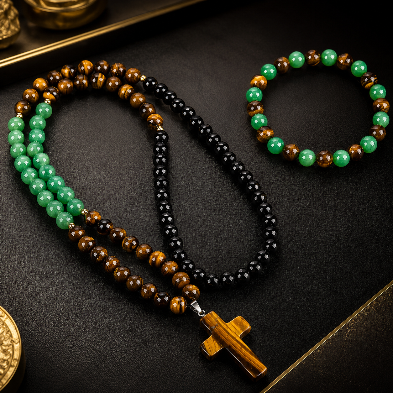 Arpurraina 2-Piece Beaded Set - Tiger Eye & Green Aventurine Cross Pendant Necklace, Feng Shui Money Bracelet for Wealth, Good Luck, Crystal Healing