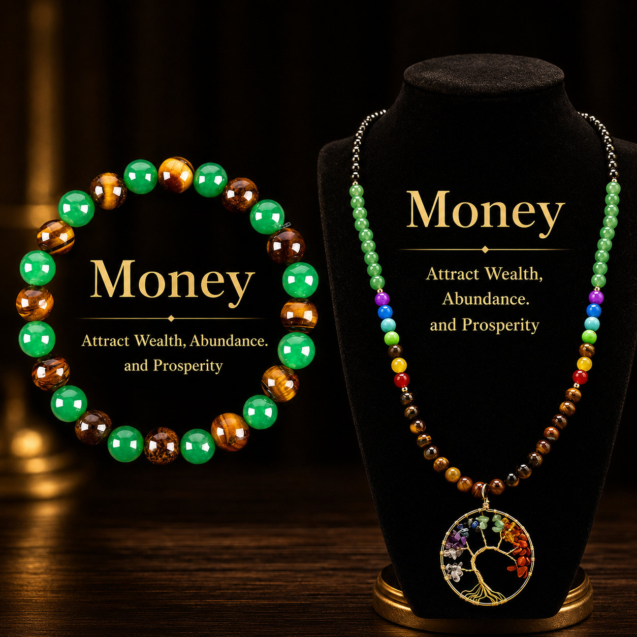 Arpurraina Feng Shui Money Attraction Necklace & Bracelet Set – Green Aventurine & Tiger Eye Pendant Healing Crystal Stone