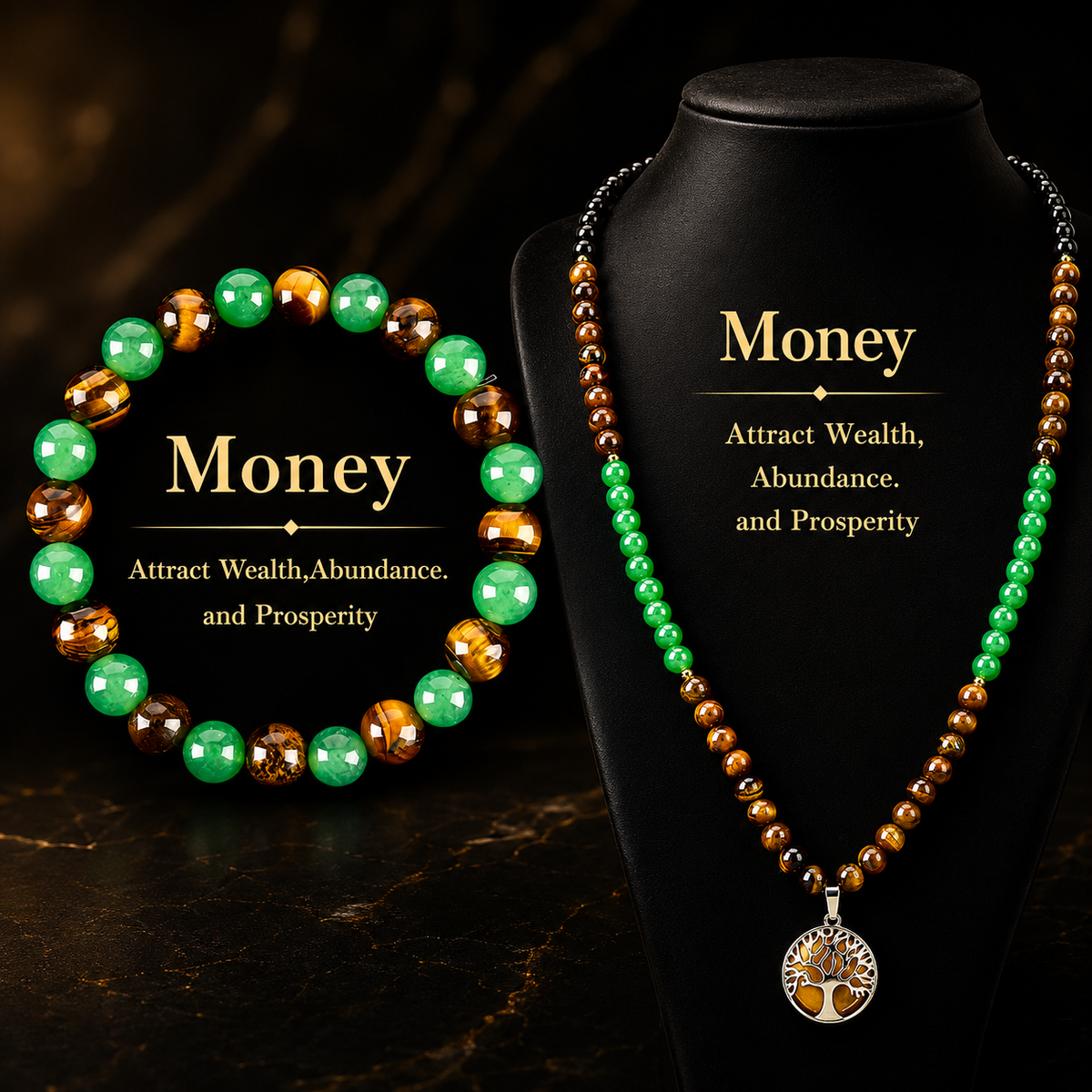 Arpurraina Feng Shui Money Attraction Necklace & Bracelet Set – Green Aventurine & Tiger Eye Pendant Healing Crystal Stone