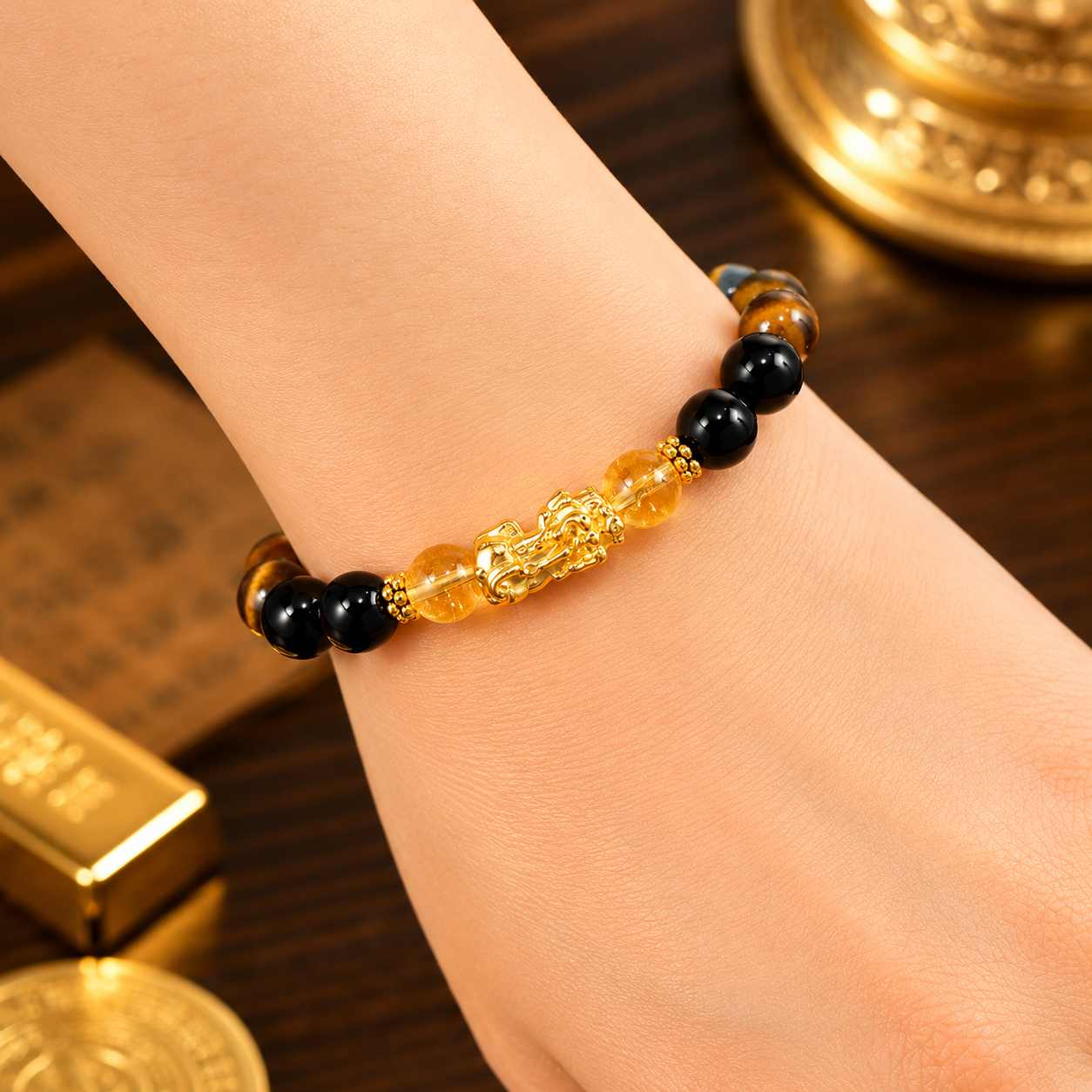 ARPURRAINA Feng Shui Pixiu Bracelet with Citrine, Green Aventurine & Tiger Eye, 8mm Crystal Beads for Men & Women - Spiritual Jewelry for Wealth & Manifestation