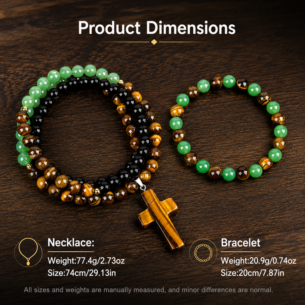 Arpurraina 2-Piece Beaded Set - Tiger Eye & Green Aventurine Cross Pendant Necklace, Feng Shui Money Bracelet for Wealth, Good Luck, Crystal Healing