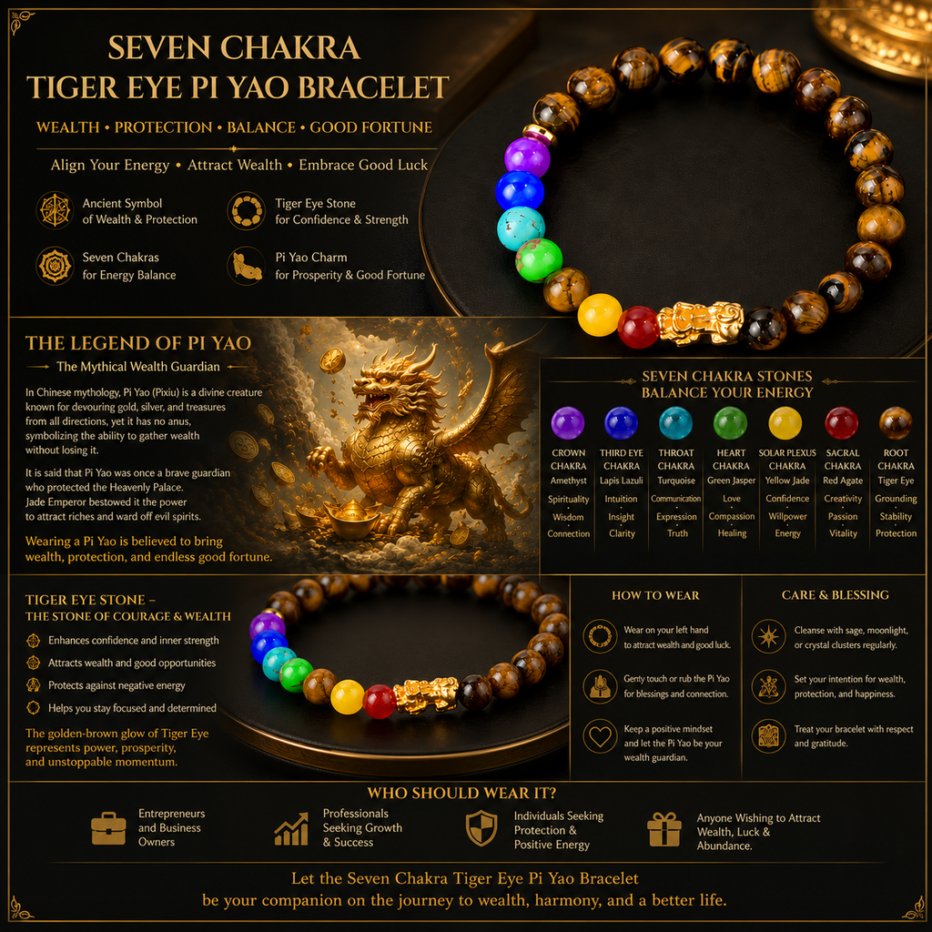 Arpurraina Feng Shui Money Attraction Bracelet, Pixiu Tiger Eye & 7 Chakra Crystal Bracelet, Wealth Manifestation Lucky Charm