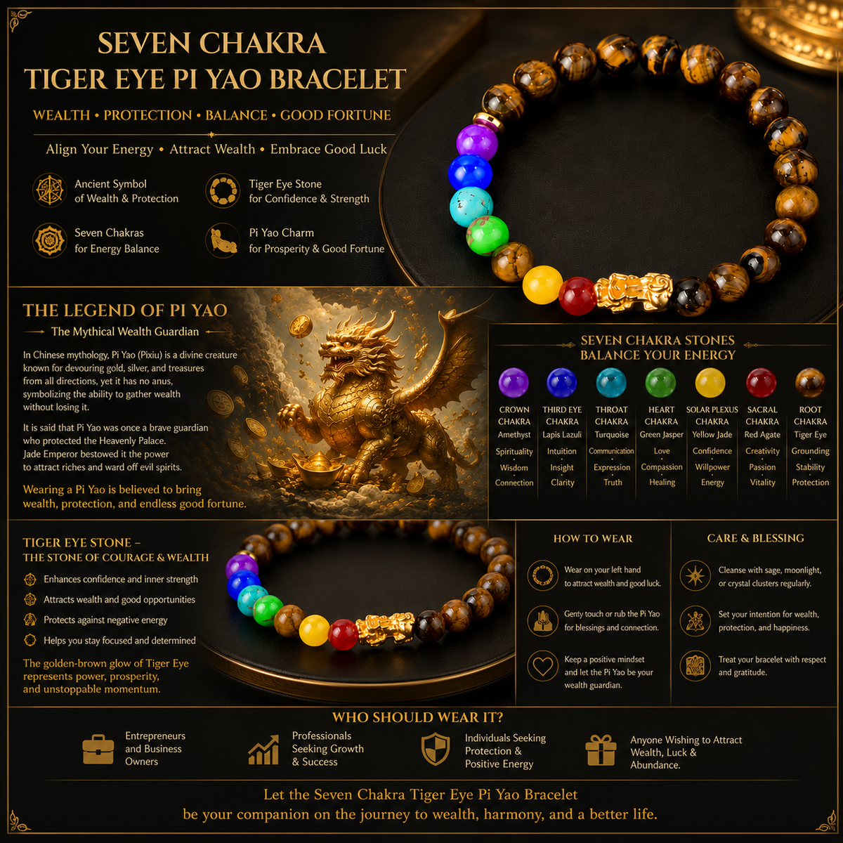 Arpurraina Feng Shui Money Attraction Bracelet, Pixiu Tiger Eye & 7 Chakra Crystal Bracelet, Wealth Manifestation Lucky Charm