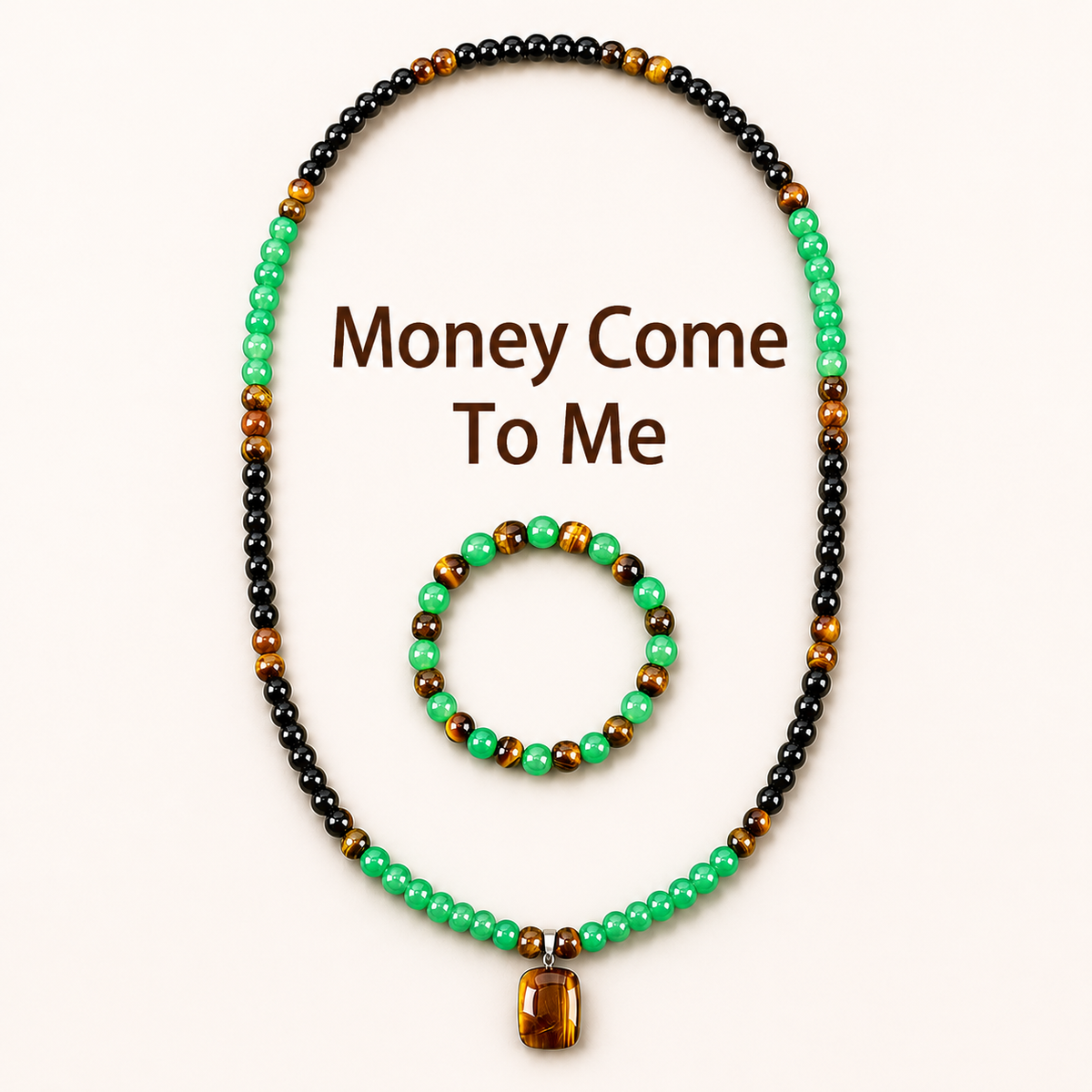 Arpurraina Feng Shui Money Attraction Necklace & Bracelet Set – Green Aventurine & Tiger Eye Pendant Healing Crystal Stone