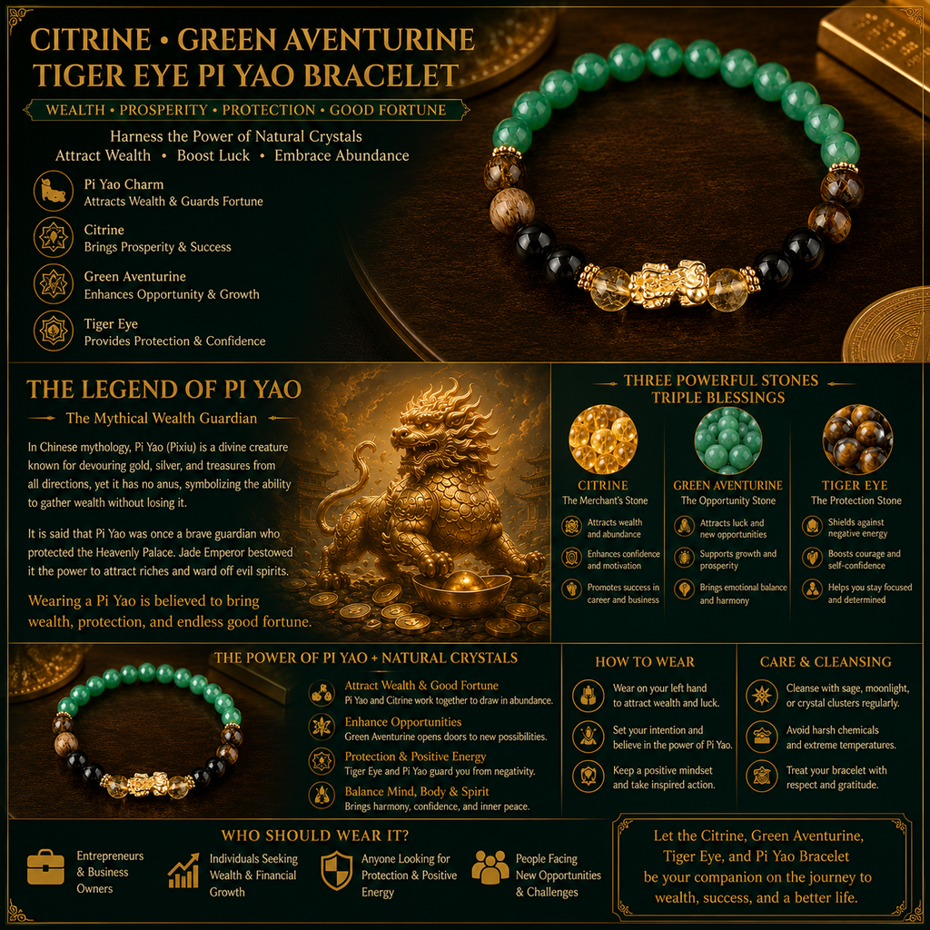 ARPURRAINA Feng Shui Pixiu Bracelet with Citrine, Green Aventurine & Tiger Eye, 8mm Crystal Beads for Men & Women - Spiritual Jewelry for Wealth & Manifestation