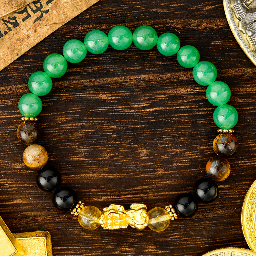ARPURRAINA Feng Shui Pixiu Bracelet with Citrine, Green Aventurine & Tiger Eye, 8mm Crystal Beads for Men & Women - Spiritual Jewelry for Wealth & Manifestation