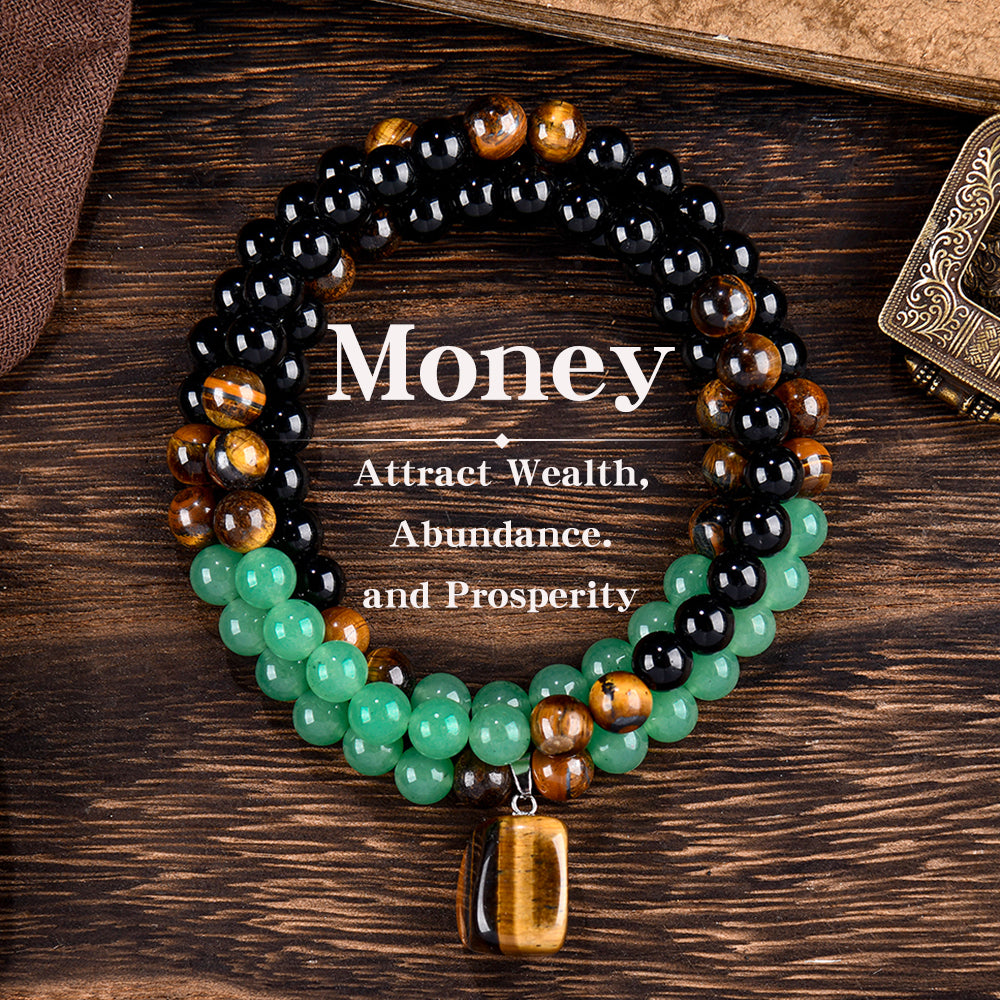 Arpurraina Feng Shui Money Attraction Necklace & Bracelet Set – Green Aventurine & Tiger Eye Pendant Healing Crystal Stone