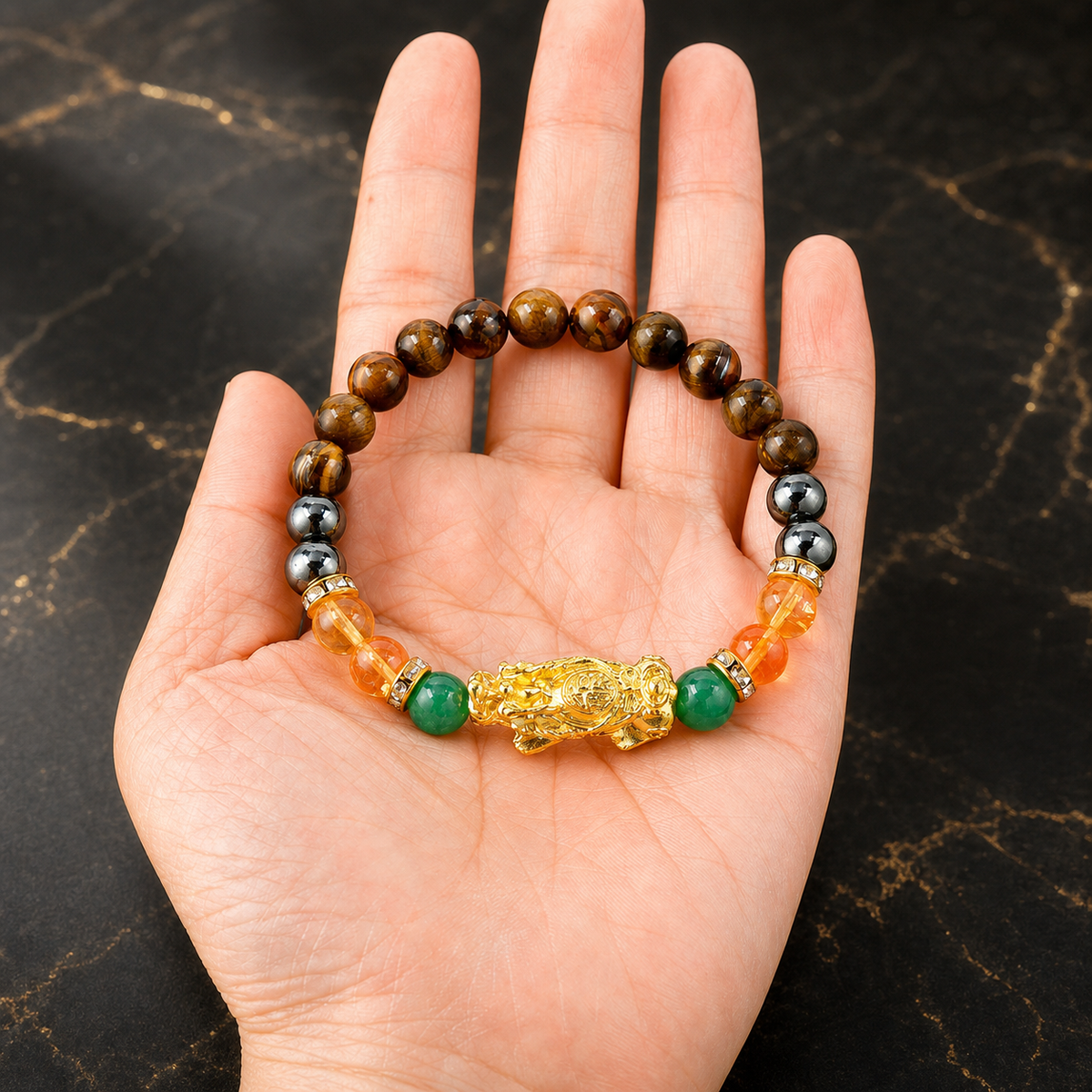 Arpurraina Money Attraction Crystal Bracelet, Feng Shui Pixiu Natural Stone Beaded Bracelet with Citrine, Green Aventurine, Black Obsidian & Tiger Eye for Good Luck Wealth Energy，Success & Protection,Pi Yao, Spiritual Jewelry