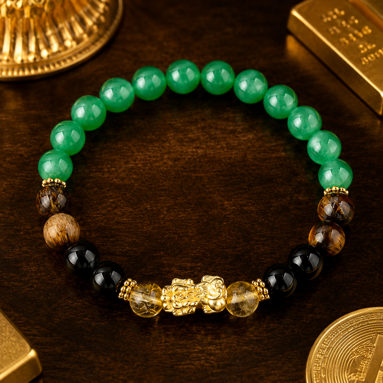 ARPURRAINA Feng Shui Pixiu Bracelet with Citrine, Green Aventurine & Tiger Eye, 8mm Crystal Beads for Men & Women - Spiritual Jewelry for Wealth & Manifestation