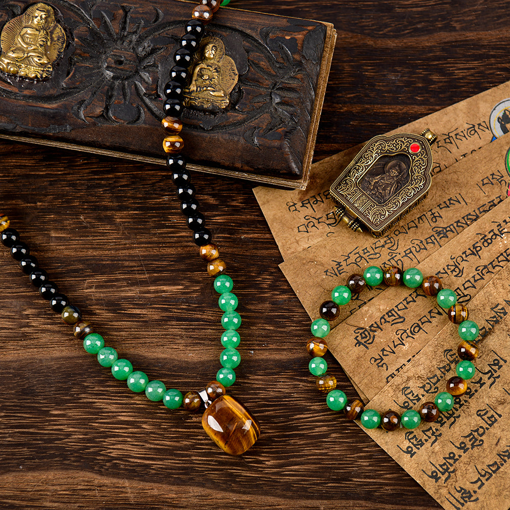 Arpurraina Feng Shui Money Attraction Necklace & Bracelet Set – Green Aventurine & Tiger Eye Pendant Healing Crystal Stone