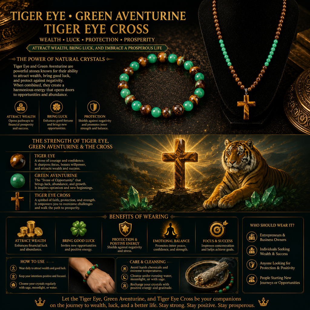 Arpurraina 2-Piece Beaded Set - Tiger Eye & Green Aventurine Cross Pendant Necklace, Feng Shui Money Bracelet for Wealth, Good Luck, Crystal Healing