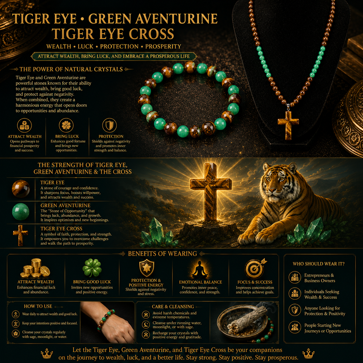 Arpurraina 2-Piece Beaded Set - Tiger Eye & Green Aventurine Cross Pendant Necklace, Feng Shui Money Bracelet for Wealth, Good Luck, Crystal Healing