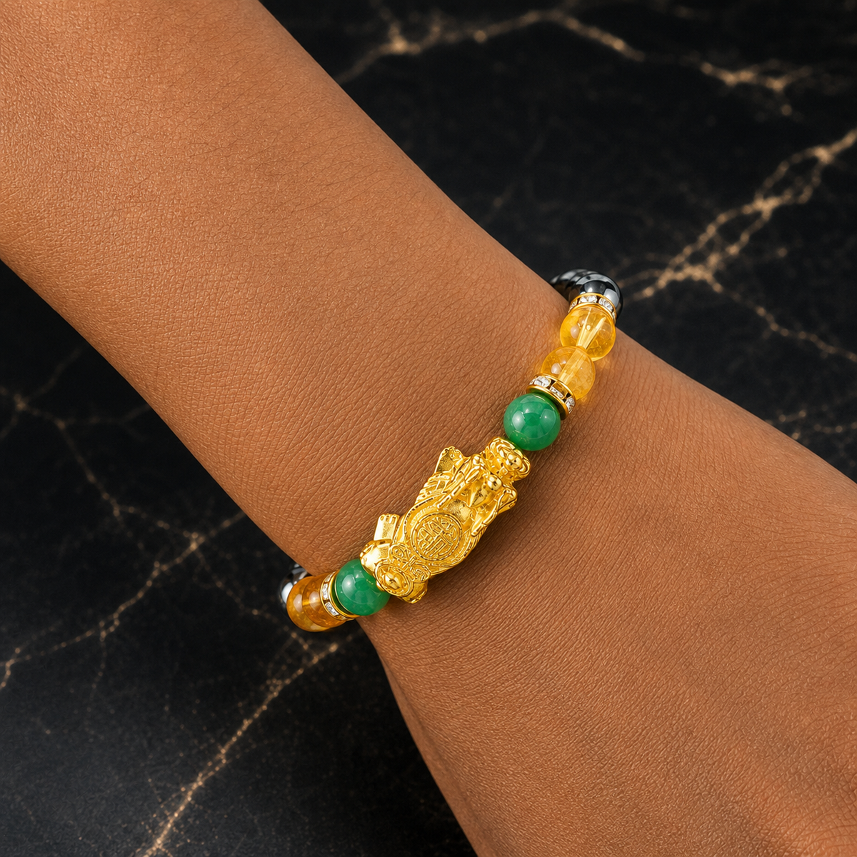 Arpurraina Money Attraction Crystal Bracelet, Feng Shui Pixiu Natural Stone Beaded Bracelet with Citrine, Green Aventurine, Black Obsidian & Tiger Eye for Good Luck Wealth Energy，Success & Protection,Pi Yao, Spiritual Jewelry