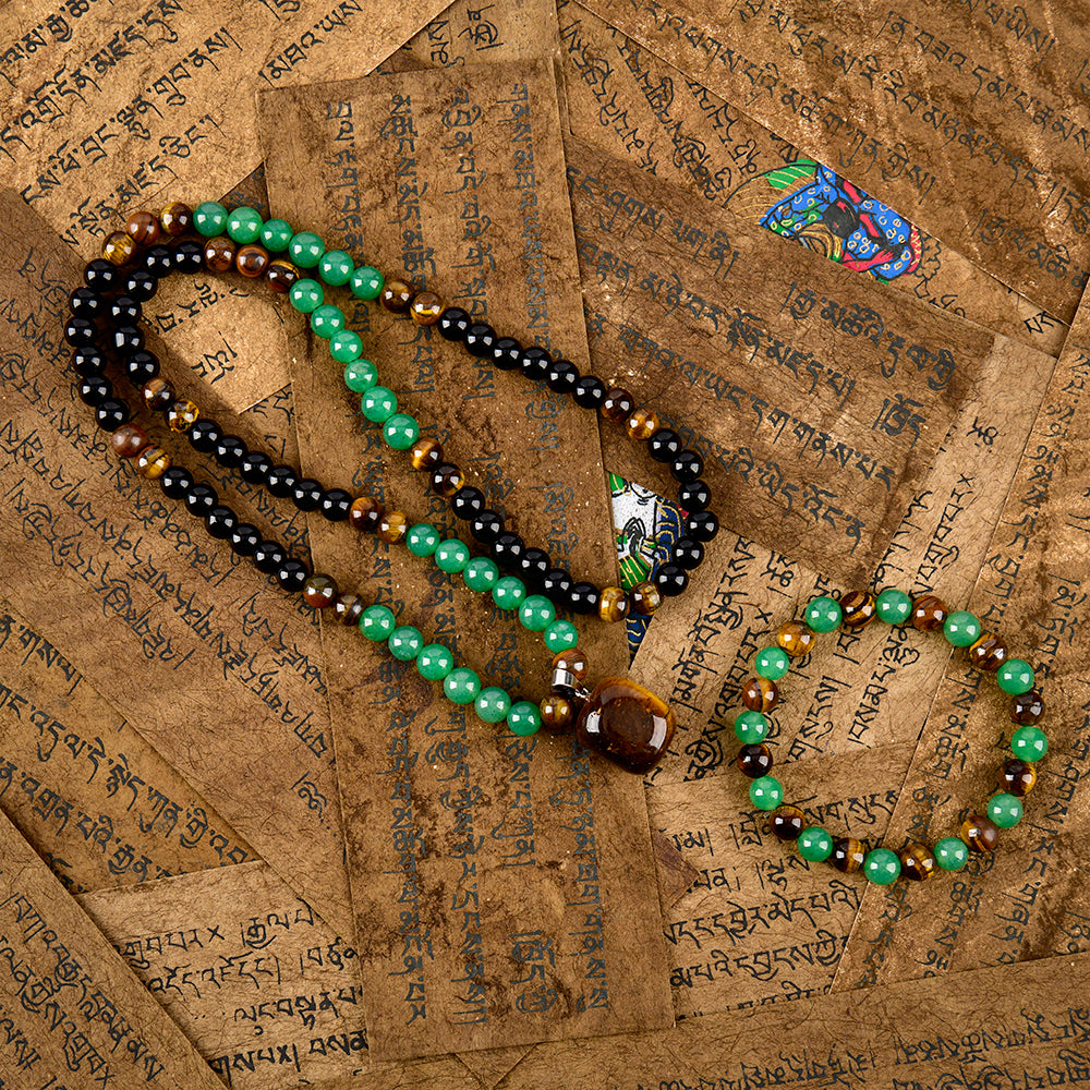Arpurraina Feng Shui Money Attraction Necklace & Bracelet Set – Green Aventurine & Tiger Eye Pendant Healing Crystal Stone