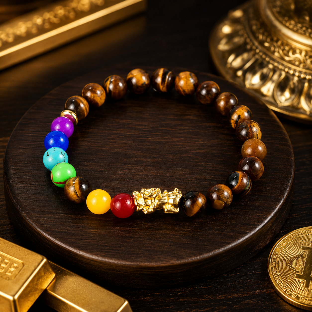 Arpurraina Feng Shui Money Attraction Bracelet, Pixiu Tiger Eye & 7 Chakra Crystal Bracelet, Wealth Manifestation Lucky Charm